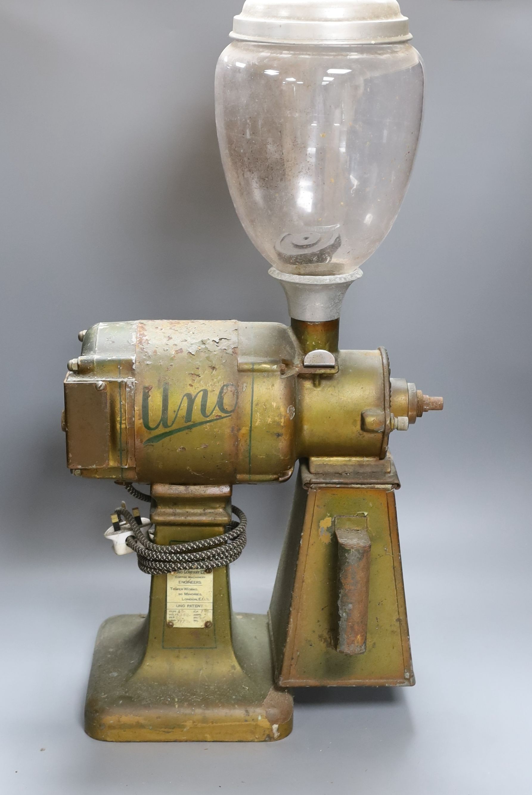 A vintage Uno Company Ltd. type 45 coffee grinder, 78cm tall